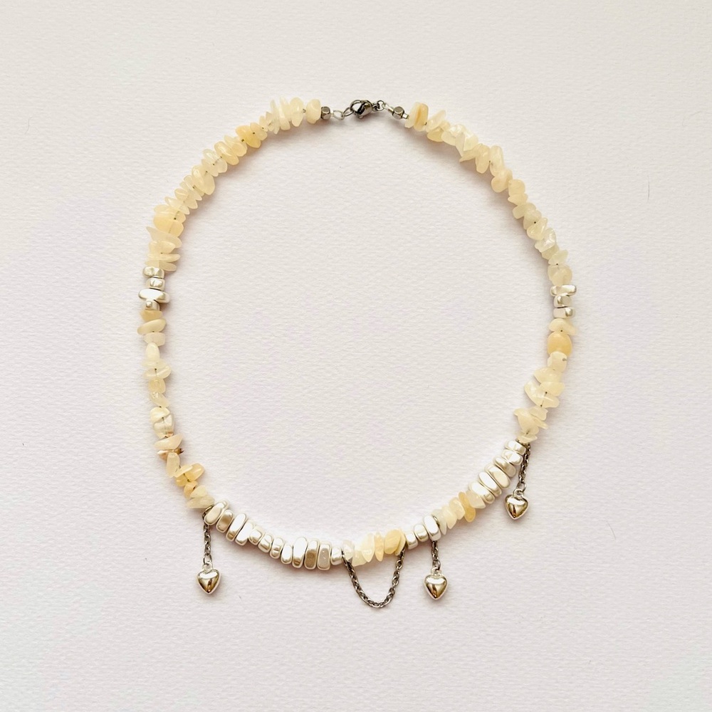 Honey Calcite bead string statement necklace with silver hematite beads